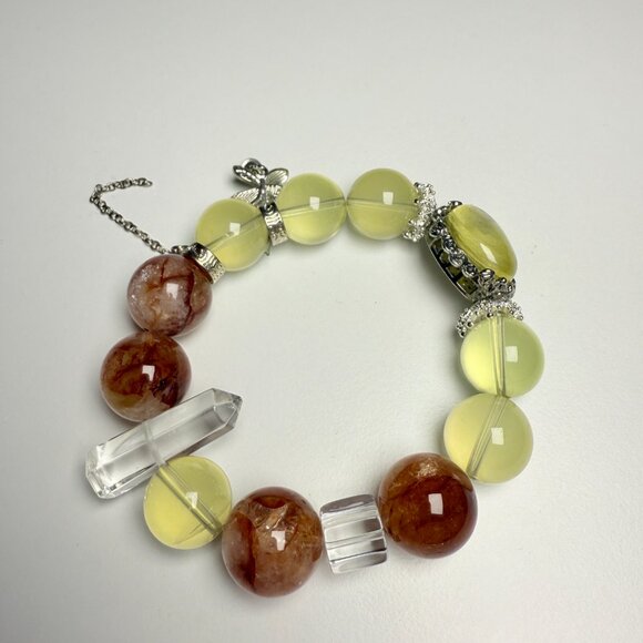 Bold 15mm honey-tone gemstone bracelet featuring Yellow Phantom, Cherry Quartz, - Picture 4 of 10